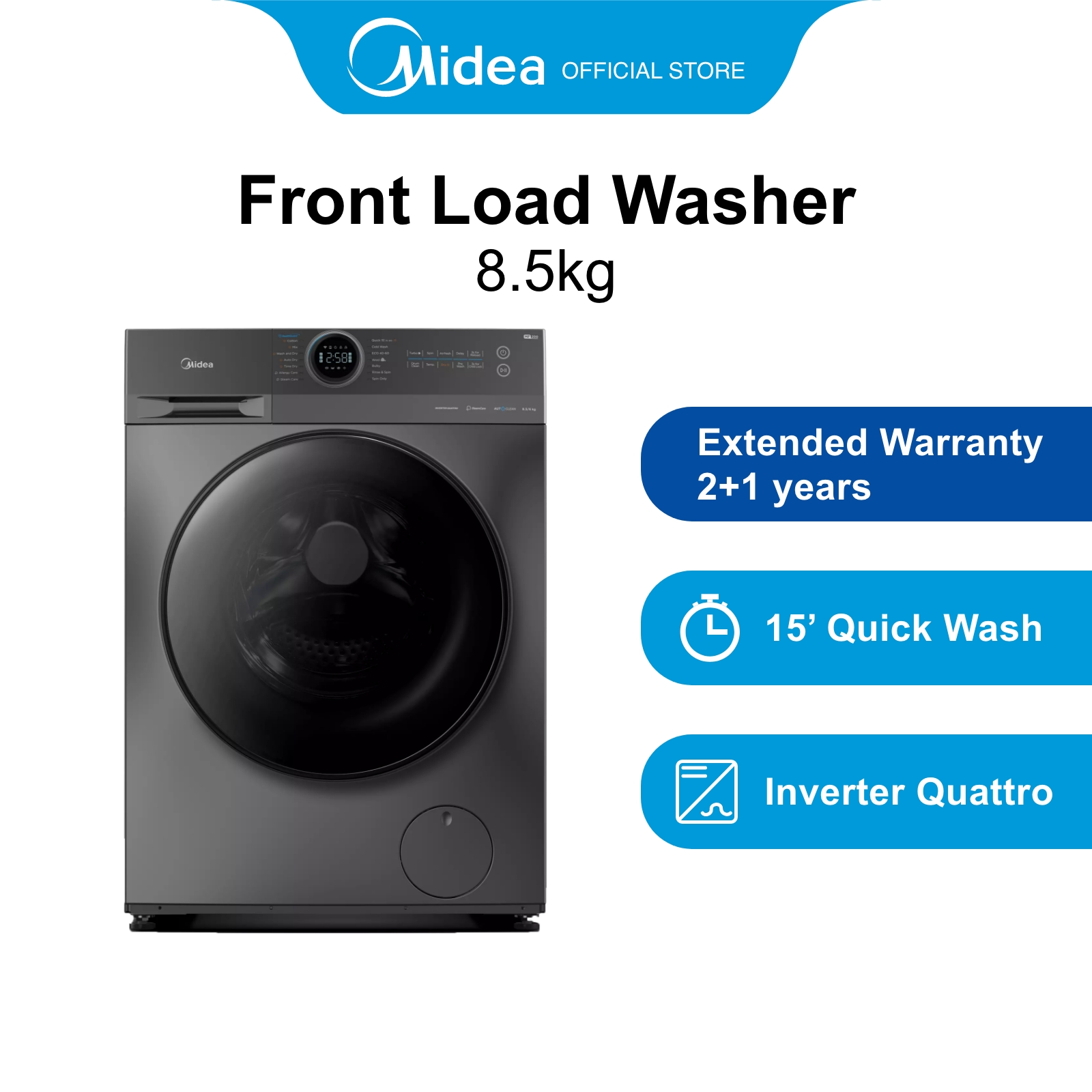 [Bulky] Midea MF200W85B Grey Health Guard Plus Inverter Quattro Front Load Washer, 8.5kg, Water Efficiency 3 Ticks