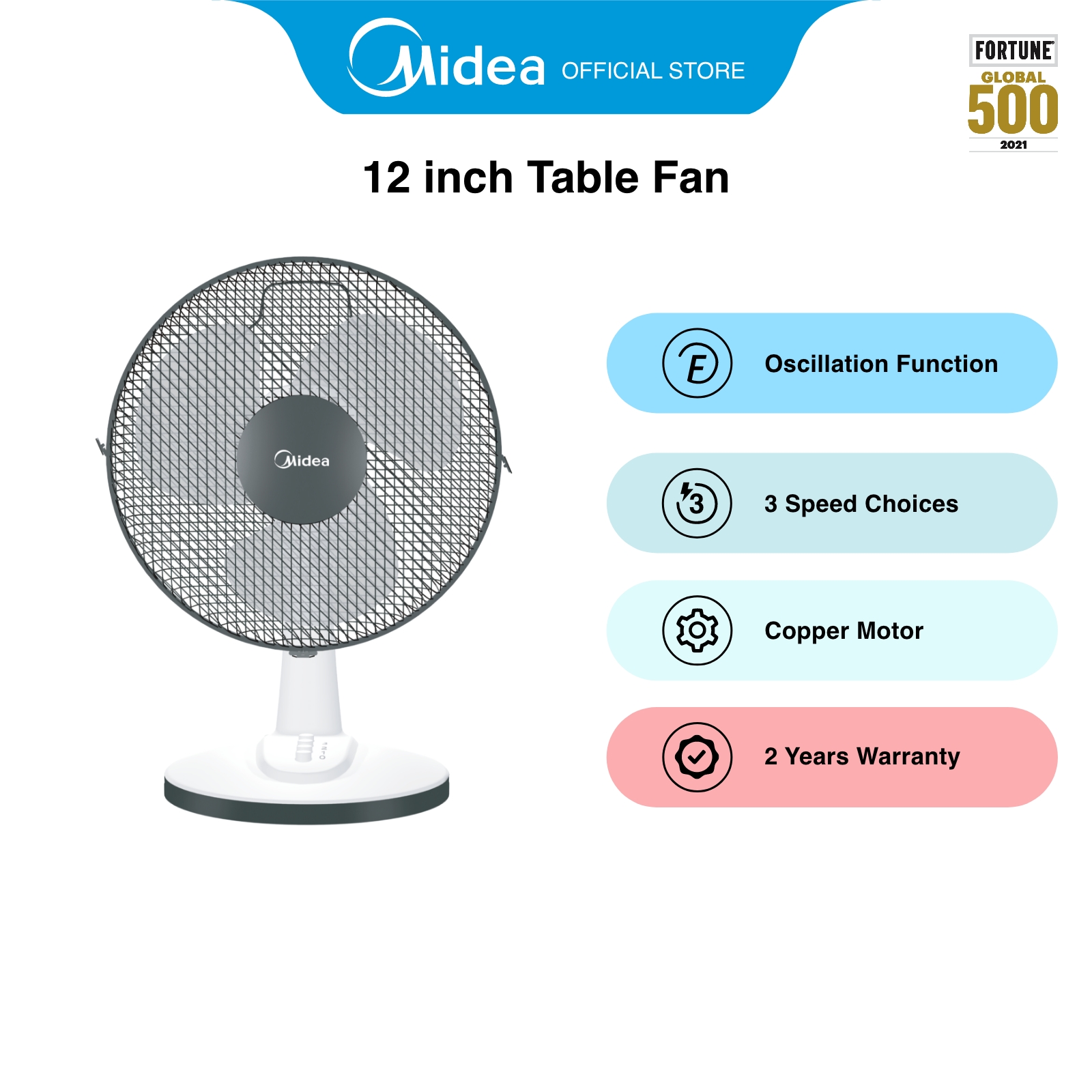 Midea MS1315BW White 12 Inches Smooth Oscillation Table Fan with 3 Speeds Level, 12 Inches
